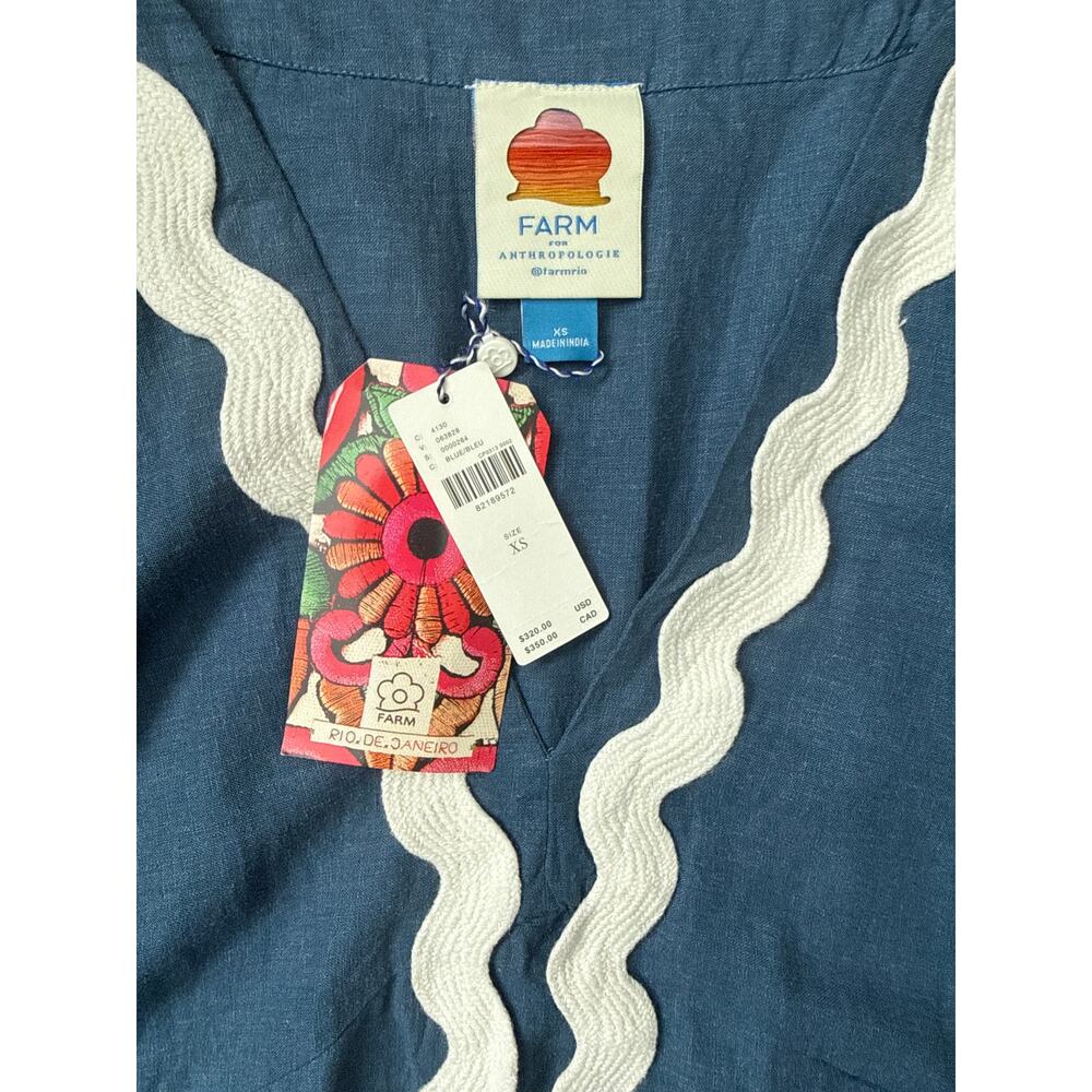 Farm Rio Flounce Blue & White Embroidered Linen-Blend Maxi Dress Pockets Size XS - Picture 8 of 14